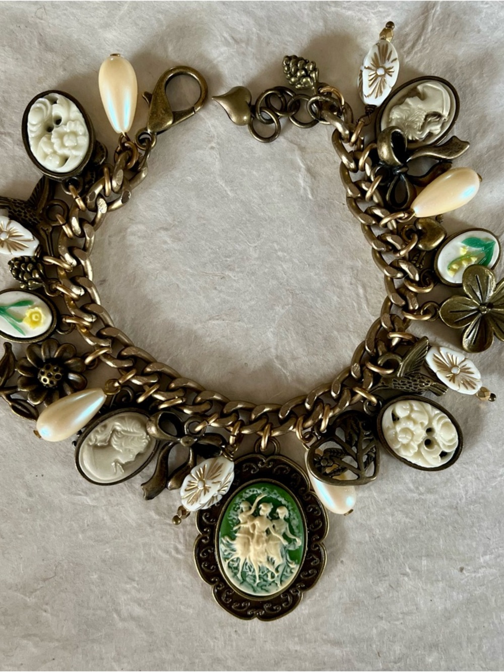 Victorian Inspired Cameos Charm Bracelet Three Graces Wedgwood Sage Green